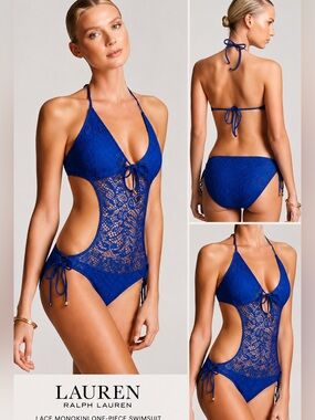 Lauren Ralph Lauren Cobalt Blue Crochet Lace Monokini Swimsuit Size Small 💙